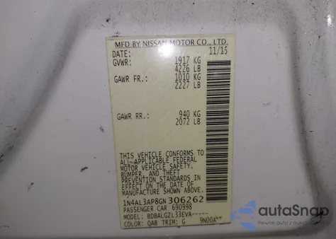 2016 Nissan Altima 2.5/2.5 S/2.5 Sl/2.5 Sr/2.5 Sv from USA, damaged, VIN 1N4AL3AP8GN306262